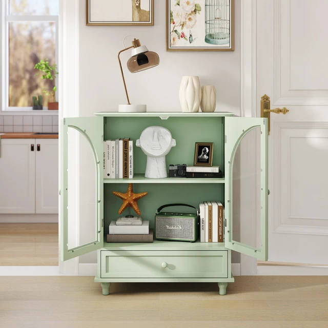 Alt view image 7 of 7 - Farmhouse Sideboard with Double Arched Glass Doors, Green Storage Cabinet with Tiered Top & 1 Drawer for Kitchen, Living Room, Coffee Bar