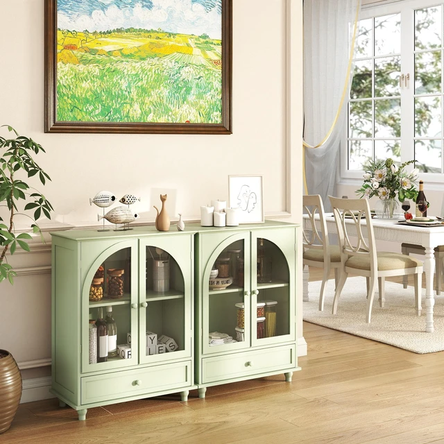 Alt view image 4 of 7 - Farmhouse Sideboard with Double Arched Glass Doors, Green Storage Cabinet with Tiered Top & 1 Drawer for Kitchen, Living Room, Coffee Bar