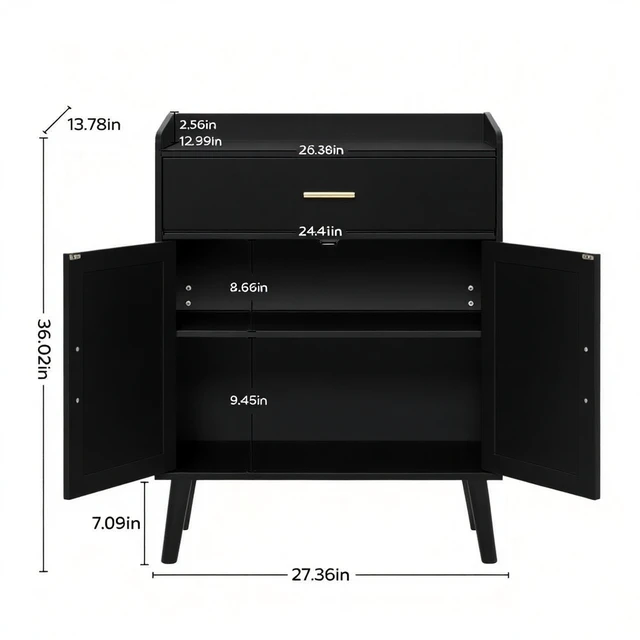 Alt view image 2 of 7 - Kitchen Storage Cabinet, Farmhouse Buffet Cabinet , Storage with 1 Drawers and 2 Doors, Cabinet with Solid Wood Feet,Floor Sideboard Buffet for Living Room, Dining Room, Bathroom,(black Color)