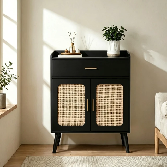 Main image of Kitchen Storage Cabinet, Farmhouse Buffet Cabinet , Storage with 1 Drawers and 2 Doors, Cabinet with Solid Wood Feet,Floor Sideboard Buffet for Living Room, Dining Room, Bathroom,(black Color)