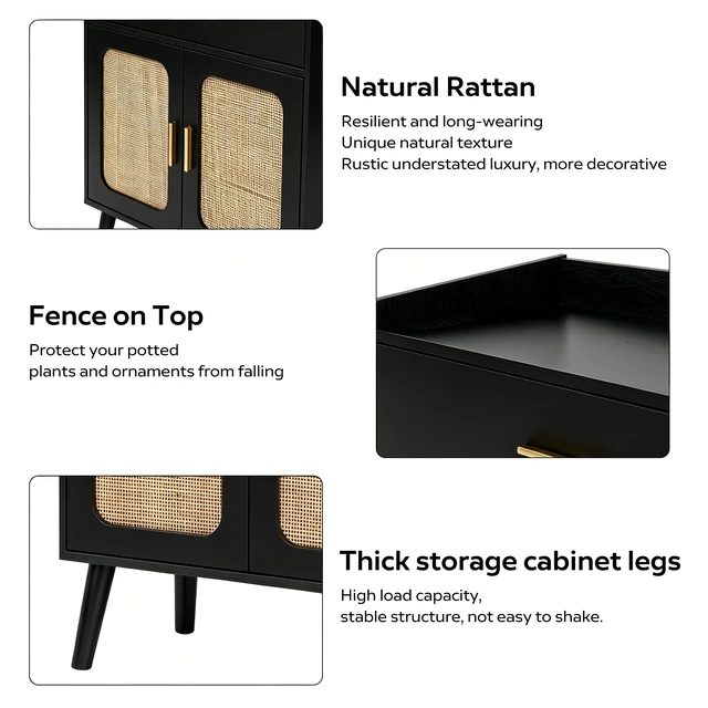 Alt view image 4 of 7 - Kitchen Storage Cabinet, Farmhouse Buffet Cabinet , Storage with 1 Drawers and 2 Doors, Cabinet with Solid Wood Feet,Floor Sideboard Buffet for Living Room, Dining Room, Bathroom,(black Color)