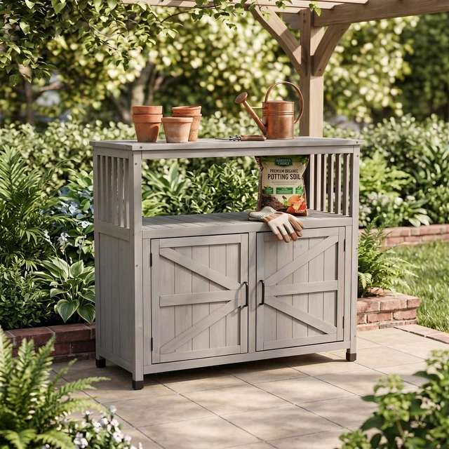 Main image of Wooden Patio Bar Table Set with Storage, Buffet Cabinet Sideboard for Outdoor and Indoor