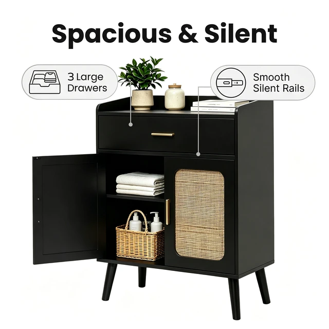 Alt view image 6 of 7 - Kitchen Storage Cabinet, Farmhouse Buffet Cabinet , Storage with 1 Drawers and 2 Doors, Cabinet with Solid Wood Feet,Floor Sideboard Buffet for Living Room, Dining Room, Bathroom,(black Color)