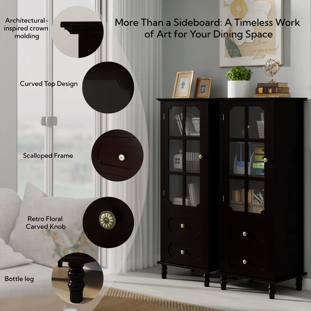 Alt view image 3 of 7 - Black Tall Storage Cabinet with Glass Door & 2 Drawers, Narrow Freestanding Sideboard Buffet with Adjustable Shelves, Farmhouse Retro Pantry Cupboard for Dining Room, Living Room, Bathroom, Stud