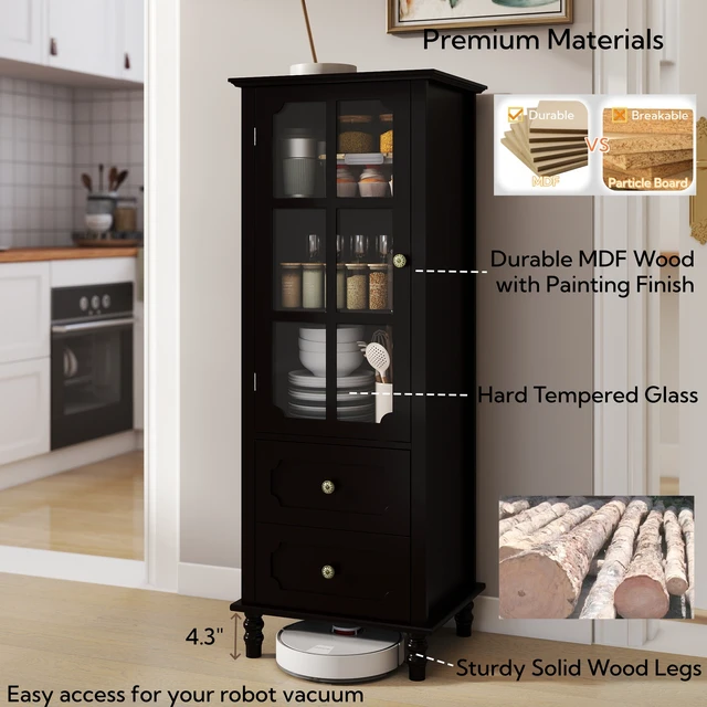 Alt view image 4 of 7 - Black Tall Storage Cabinet with Glass Door & 2 Drawers, Narrow Freestanding Sideboard Buffet with Adjustable Shelves, Farmhouse Retro Pantry Cupboard for Dining Room, Living Room, Bathroom, Stud