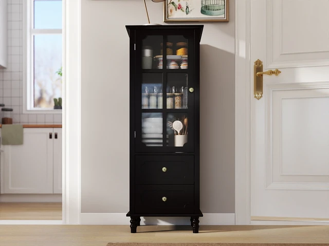 Alt view image 6 of 7 - Black Tall Storage Cabinet with Glass Door & 2 Drawers, Narrow Freestanding Sideboard Buffet with Adjustable Shelves, Farmhouse Retro Pantry Cupboard for Dining Room, Living Room, Bathroom, Stud