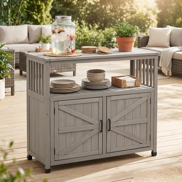 Alt view image 7 of 7 - Wooden Patio Bar Table Set with Storage, Buffet Cabinet Sideboard for Outdoor and Indoor