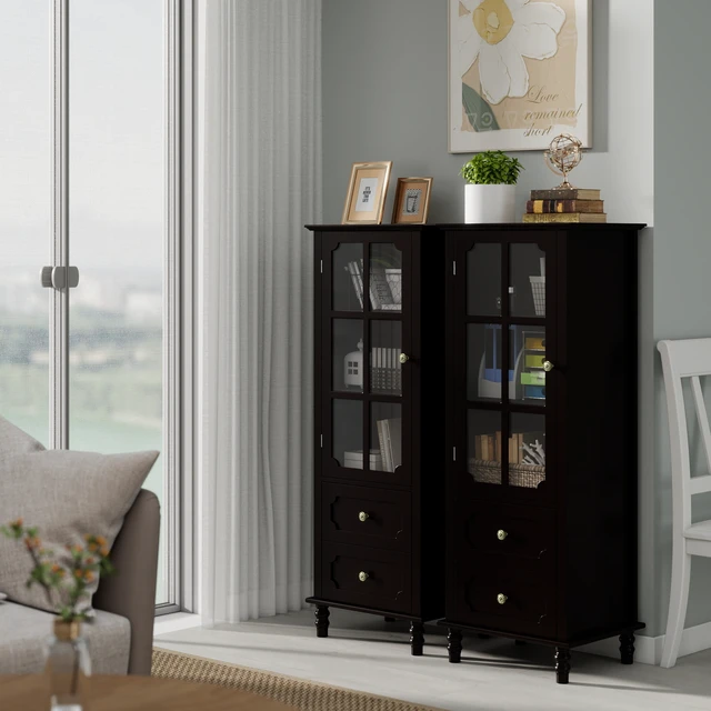 Alt view image 2 of 7 - Black Tall Storage Cabinet with Glass Door & 2 Drawers, Narrow Freestanding Sideboard Buffet with Adjustable Shelves, Farmhouse Retro Pantry Cupboard for Dining Room, Living Room, Bathroom, Stud