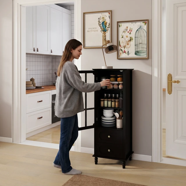 Alt view image 5 of 7 - Black Tall Storage Cabinet with Glass Door & 2 Drawers, Narrow Freestanding Sideboard Buffet with Adjustable Shelves, Farmhouse Retro Pantry Cupboard for Dining Room, Living Room, Bathroom, Stud