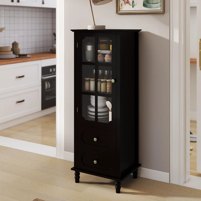 Main image of Black Tall Storage Cabinet with Glass Door & 2 Drawers, Narrow Freestanding Sideboard Buffet with Adjustable Shelves, Farmhouse Retro Pantry Cupboard for Dining Room, Living Room, Bathroom, Stud