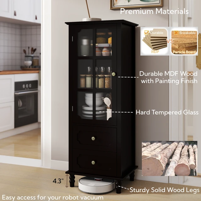 Alt view image 7 of 7 - Black Tall Storage Cabinet with Glass Door & 2 Drawers, Narrow Freestanding Sideboard Buffet with Adjustable Shelves, Farmhouse Retro Pantry Cupboard for Dining Room, Living Room, Bathroom, Stud