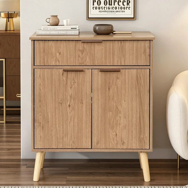 Main image of Kitchen Storage Cabinet, Adjustable Shelves , Storage with 1 Drawers and 2 Doors, Cabinet with Solid Wood Feet,Floor Sideboard Buffet for Living Room, Living Room, Kitchen, Entryway,(Natural Color)