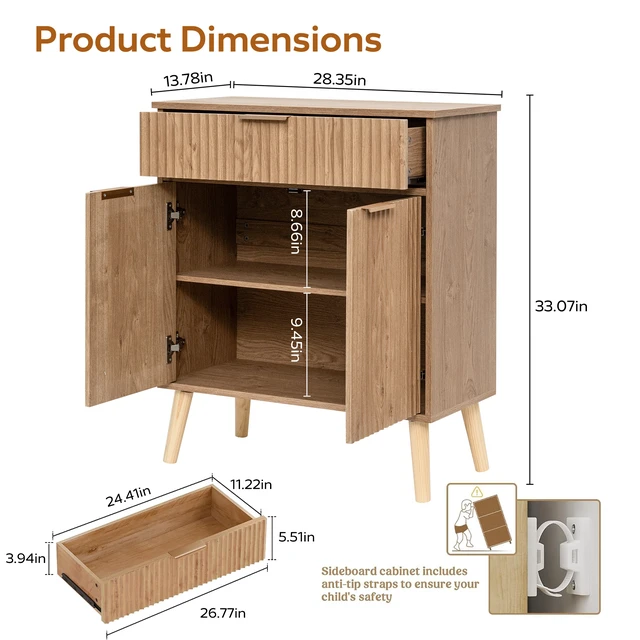 Alt view image 5 of 7 - Kitchen Storage Cabinet, Adjustable Shelves , Storage with 1 Drawers and 2 Doors, Cabinet with Solid Wood Feet,Floor Sideboard Buffet for Living Room, Living Room, Kitchen, Entryway,(Natural Color)
