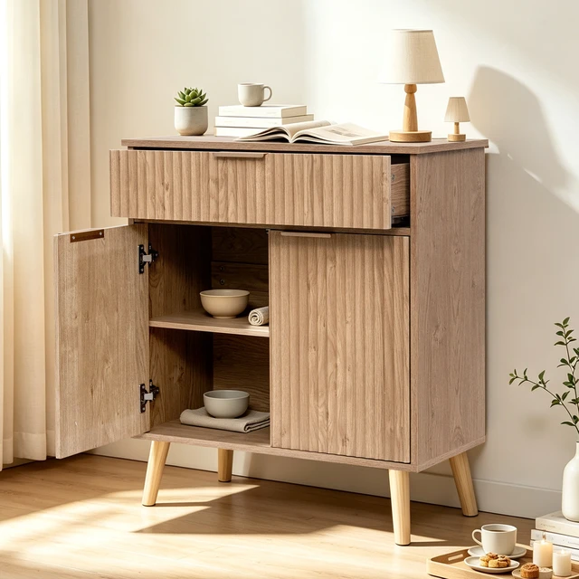 Alt view image 4 of 7 - Kitchen Storage Cabinet, Adjustable Shelves , Storage with 1 Drawers and 2 Doors, Cabinet with Solid Wood Feet,Floor Sideboard Buffet for Living Room, Living Room, Kitchen, Entryway,(Natural Color)