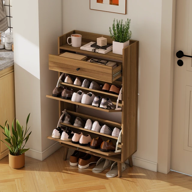 Alt view image 5 of 7 - Shoe Storage Cabinet with SemiCircular Cutout Doors, DoubleTier Removable Shoe Trays, Pine Wood Feet, AntiTip Wall Anchor, WallProtection Back Panel for Entryway Home Shoe Organizer