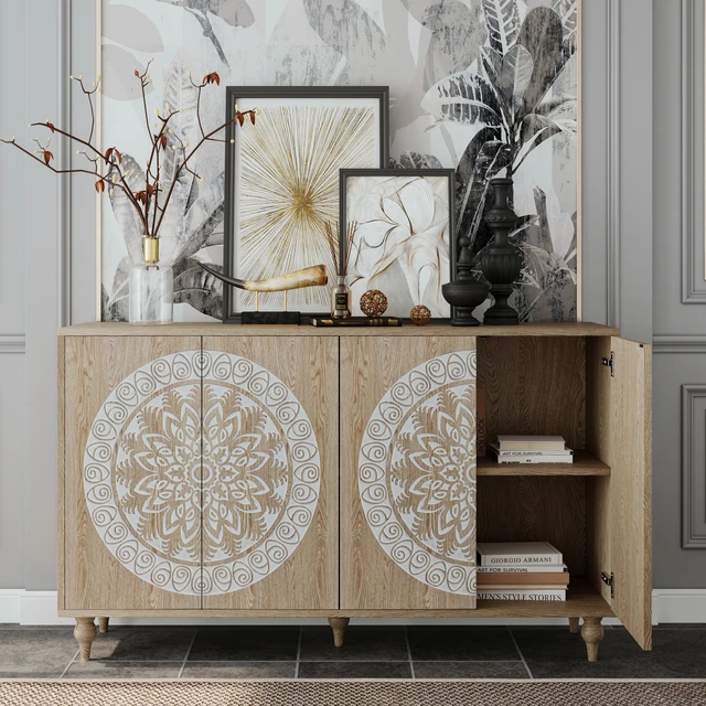 Alt view image 5 of 7 - 60" Vintage Mandala Carved Oak Grain Sideboard, 4 Door Boho Buffet Cabinet, Mid-Century Elevated Legs Storage Credenza for Entryway, Dining Room, Living Room