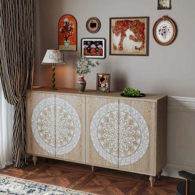 Alt view image 3 of 7 - 60" Vintage Mandala Carved Oak Grain Sideboard, 4 Door Boho Buffet Cabinet, Mid-Century Elevated Legs Storage Credenza for Entryway, Dining Room, Living Room