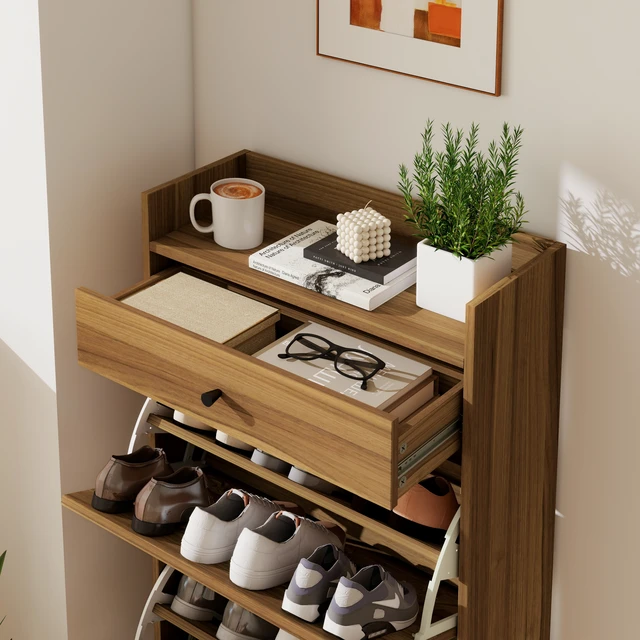 Alt view image 6 of 7 - Shoe Storage Cabinet with SemiCircular Cutout Doors, DoubleTier Removable Shoe Trays, Pine Wood Feet, AntiTip Wall Anchor, WallProtection Back Panel for Entryway Home Shoe Organizer