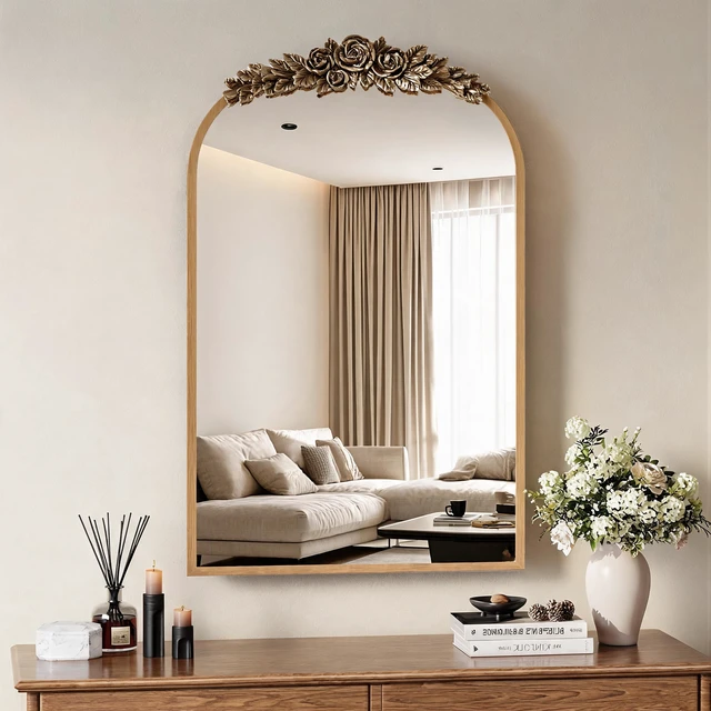Alt view image 2 of 7 - Vintage Medicine Cabinet Mirror with Storage, 24" x 36" Arch Bathroom Wall Mount Mirror Cabinet with Carved Top, Recessed & Surface Mount Bathroom Cabinet with Adjustable Shelf & Jewelry Hooks, Gold