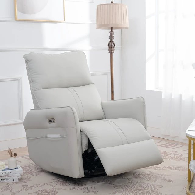 Alt view image 4 of 7 - 270° Power Swivel Rocker Recliner Chair, PU Leather Electric Glider Reclining Sofa with USB Ports, Power Swivel Glider, Rocking Chair,Nursery Recliners for Living Room Bedroom(Light Gray+270°Swivel)