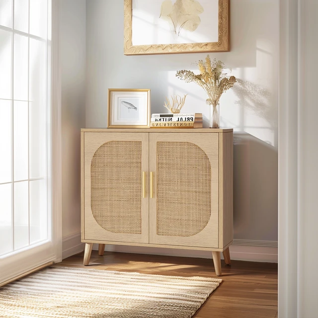 Alt view image 2 of 7 - Buffet Cabinet with Storage, Accent Bathroom Floor Cabinet,with Two Doors and 4 compartments forStorage,Cabinet with Solid Wood Feet,Sideboard Cabinet for Hallway, Entry, Living Room,(Natural Color)