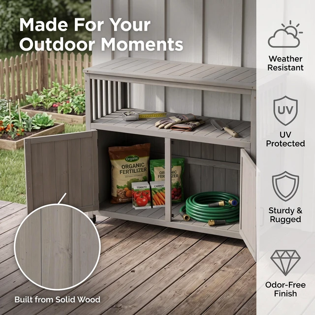 Alt view image 6 of 7 - Wooden Patio Bar Table Set with Storage, Buffet Cabinet Sideboard for Outdoor and Indoor