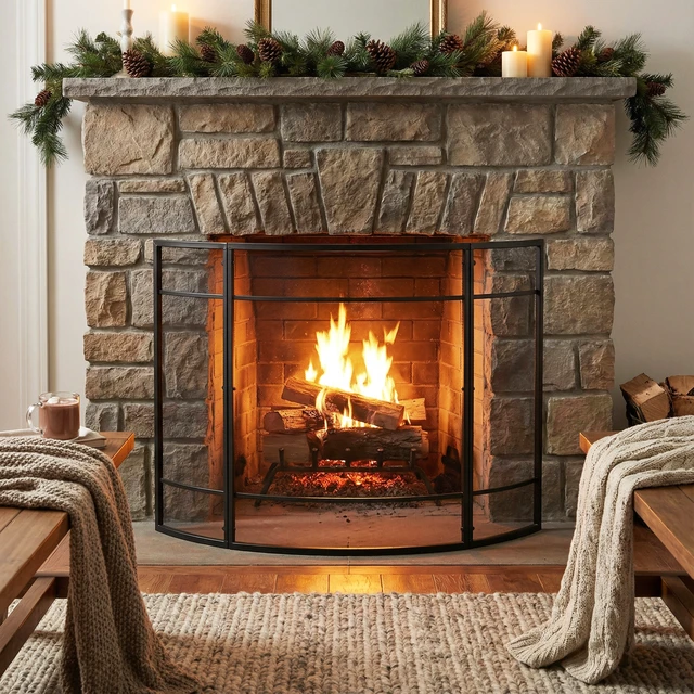 Alt view image 2 of 7 - Regina 1-Panel Curve Iron Fireplace Screen 38" x 32", Black Finish