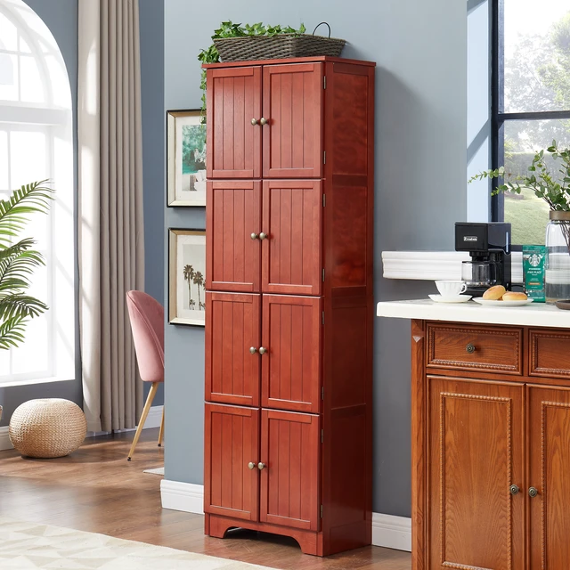 Alt view image 2 of 4 - 72.4" Tall Storage Cabinet Tall Storage Cabinet with 8 Doors and 4 Shelves ,Bookshelf Living Room, Kitchen, Dining Room, Office Freestanding Storage Cabinet,Cherry