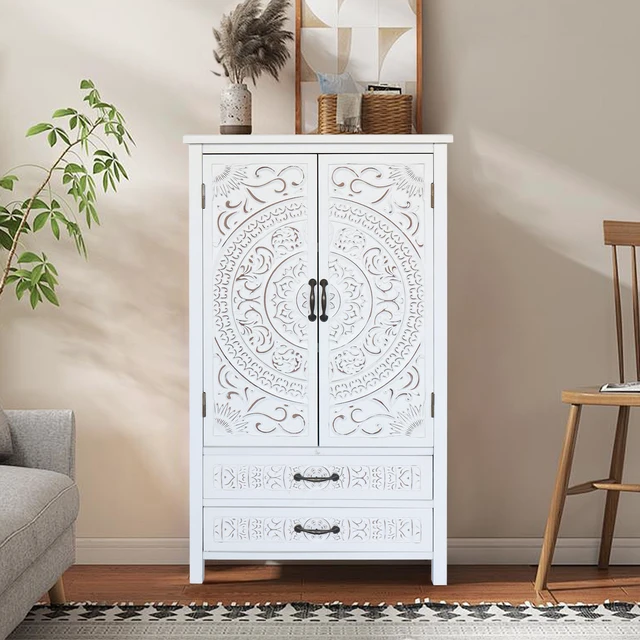 Alt view image 4 of 7 - 27'' Accent Tall Tower White Storage Cabinet - Rustic Wood Sideboard Pantry Cabinet - Versatile Buffet Cabinet with Storage for Home Decor and Organization chic cabinet with two doors and two drawers
