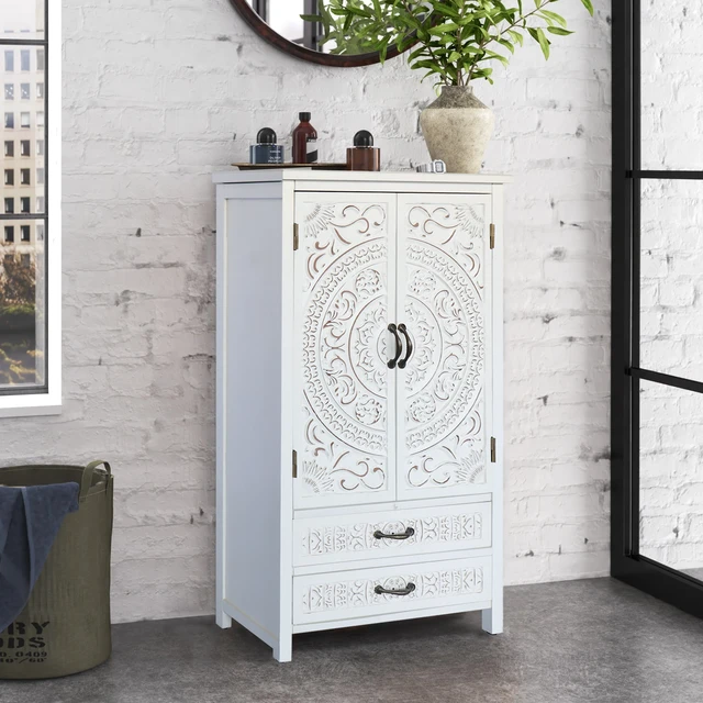 Alt view image 5 of 7 - 27'' Accent Tall Tower White Storage Cabinet - Rustic Wood Sideboard Pantry Cabinet - Versatile Buffet Cabinet with Storage for Home Decor and Organization chic cabinet with two doors and two drawers