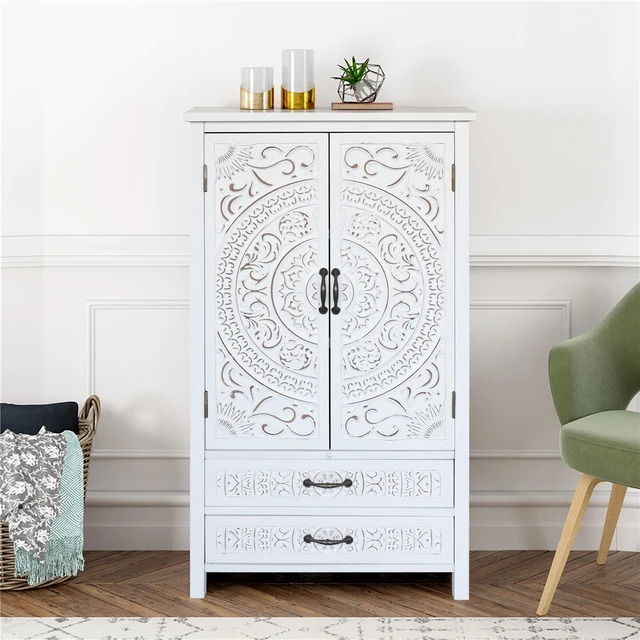Main image of 27'' Accent Tall Tower White Storage Cabinet - Rustic Wood Sideboard Pantry Cabinet - Versatile Buffet Cabinet with Storage for Home Decor and Organization chic cabinet with two doors and two drawers