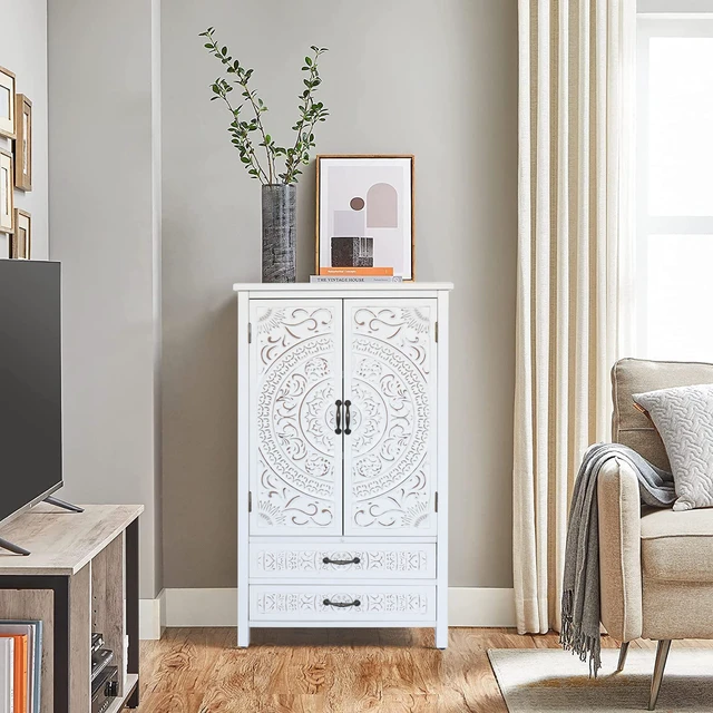 Alt view image 2 of 7 - 27'' Accent Tall Tower White Storage Cabinet - Rustic Wood Sideboard Pantry Cabinet - Versatile Buffet Cabinet with Storage for Home Decor and Organization chic cabinet with two doors and two drawers