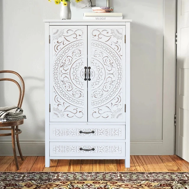 Alt view image 7 of 7 - 27'' Accent Tall Tower White Storage Cabinet - Rustic Wood Sideboard Pantry Cabinet - Versatile Buffet Cabinet with Storage for Home Decor and Organization chic cabinet with two doors and two drawers