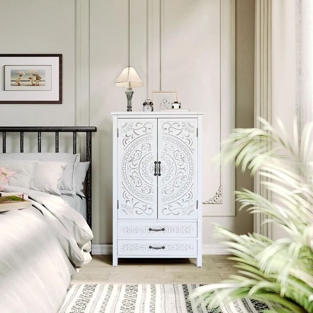 Alt view image 6 of 7 - 27'' Accent Tall Tower White Storage Cabinet - Rustic Wood Sideboard Pantry Cabinet - Versatile Buffet Cabinet with Storage for Home Decor and Organization chic cabinet with two doors and two drawers