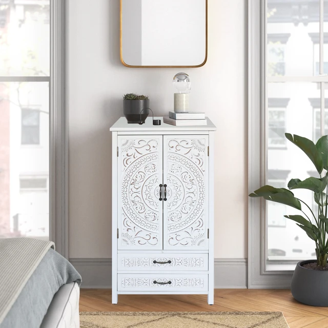 Alt view image 3 of 7 - 27'' Accent Tall Tower White Storage Cabinet - Rustic Wood Sideboard Pantry Cabinet - Versatile Buffet Cabinet with Storage for Home Decor and Organization chic cabinet with two doors and two drawers