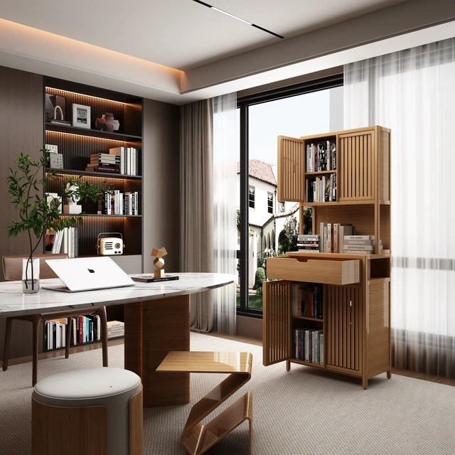 Alt view image 5 of 7 - 72-foot-tall, wood-coloured, double-door bamboo high-capacity storage cabinet for main living spaces such as dining rooms, bedrooms, and living rooms