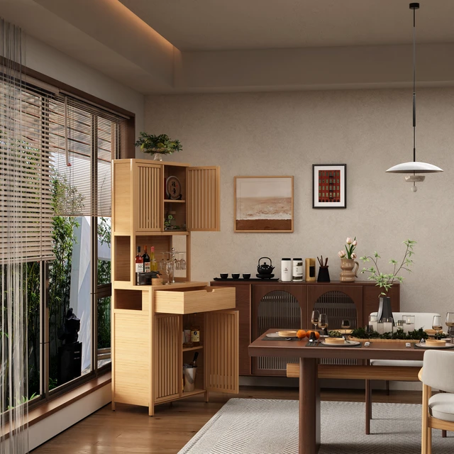 Alt view image 4 of 7 - 72-foot-tall, wood-coloured, double-door bamboo high-capacity storage cabinet for main living spaces such as dining rooms, bedrooms, and living rooms