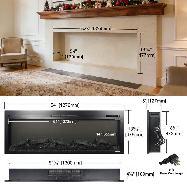 Alt view image 7 of 7 - 54 inch in wall recessed electric fireplace with remote and multi color flame & emberbed