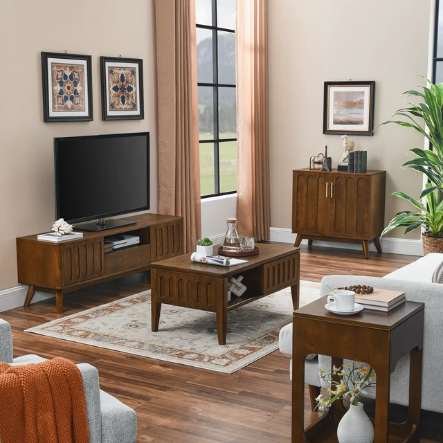 Alt view image 2 of 7 - Mid Century Modern Fluted Sideboard Cabinet with Adjustable Shelves & Solid Wood Legs, Buffet Cabinet with Storage, Walnut Storage Cabinet for Living Room, Entryway, Hallway, Dining Room, Kitchen
