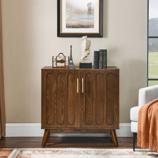 Alt view image 3 of 7 - Mid Century Modern Fluted Sideboard Cabinet with Adjustable Shelves & Solid Wood Legs, Buffet Cabinet with Storage, Walnut Storage Cabinet for Living Room, Entryway, Hallway, Dining Room, Kitchen