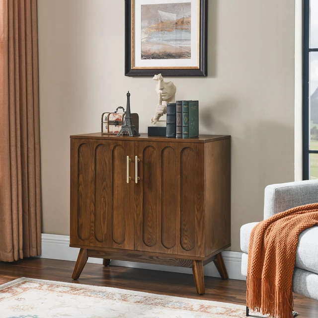 Main image of Mid Century Modern Fluted Sideboard Cabinet with Adjustable Shelves & Solid Wood Legs, Buffet Cabinet with Storage, Walnut Storage Cabinet for Living Room, Entryway, Hallway, Dining Room, Kitchen