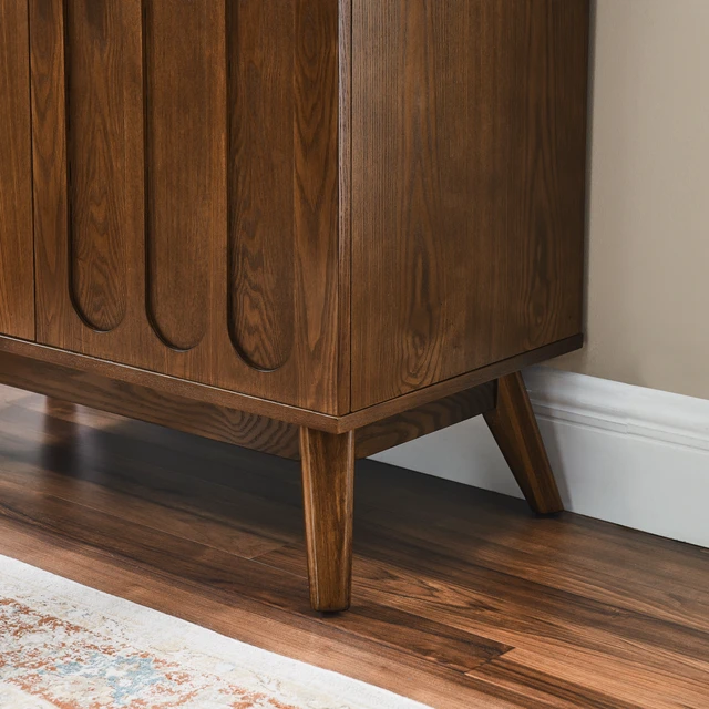 Alt view image 6 of 7 - Mid Century Modern Fluted Sideboard Cabinet with Adjustable Shelves & Solid Wood Legs, Buffet Cabinet with Storage, Walnut Storage Cabinet for Living Room, Entryway, Hallway, Dining Room, Kitchen