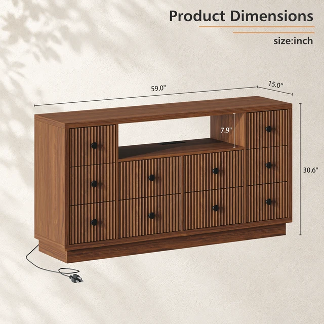 Alt view image 2 of 7 - 10-Drawer Dresser for Bedroom and Living Room, Large-Capacity Storage, Built-In Charging Station, Open Display Shelf, Vertical Fluted Drawer Fronts, 2 AC Outlets, USB-A and USB-C Ports, Walnut.