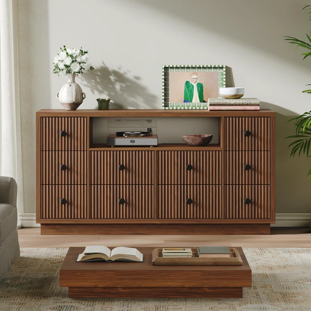 Main image of 10-Drawer Dresser for Bedroom and Living Room, Large-Capacity Storage, Built-In Charging Station, Open Display Shelf, Vertical Fluted Drawer Fronts, 2 AC Outlets, USB-A and USB-C Ports, Walnut.