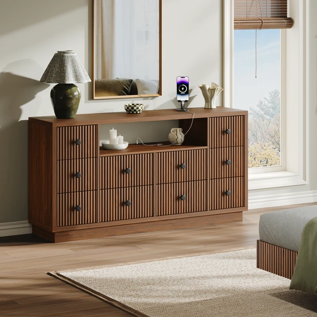 Alt view image 4 of 7 - 10-Drawer Dresser for Bedroom and Living Room, Large-Capacity Storage, Built-In Charging Station, Open Display Shelf, Vertical Fluted Drawer Fronts, 2 AC Outlets, USB-A and USB-C Ports, Walnut.