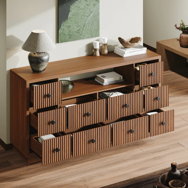 Alt view image 3 of 7 - 10-Drawer Dresser for Bedroom and Living Room, Large-Capacity Storage, Built-In Charging Station, Open Display Shelf, Vertical Fluted Drawer Fronts, 2 AC Outlets, USB-A and USB-C Ports, Walnut.