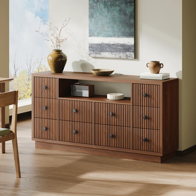 Alt view image 5 of 7 - 10-Drawer Dresser for Bedroom and Living Room, Large-Capacity Storage, Built-In Charging Station, Open Display Shelf, Vertical Fluted Drawer Fronts, 2 AC Outlets, USB-A and USB-C Ports, Walnut.