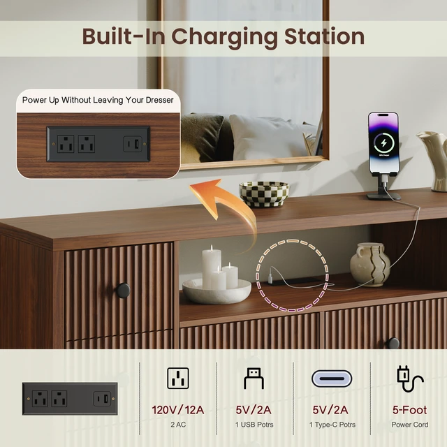 Alt view image 7 of 7 - 10-Drawer Dresser for Bedroom and Living Room, Large-Capacity Storage, Built-In Charging Station, Open Display Shelf, Vertical Fluted Drawer Fronts, 2 AC Outlets, USB-A and USB-C Ports, Walnut.