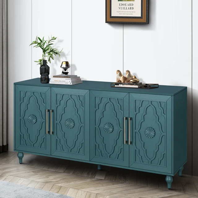Alt view image 3 of 7 - 63'' Large Storage Cabinet with Metal Handle, Carved Flower Doors, Wooden Mordern Sideboard Console with Adjustable Shelves for Living Room, Kitchen, Entryway(Navy Blue)