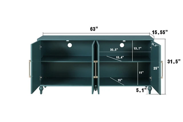 Alt view image 4 of 7 - 63'' Large Storage Cabinet with Metal Handle, Carved Flower Doors, Wooden Mordern Sideboard Console with Adjustable Shelves for Living Room, Kitchen, Entryway(Navy Blue)